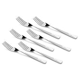Six stainless steel dinner forks with decorative handles arranged in rows against white background
